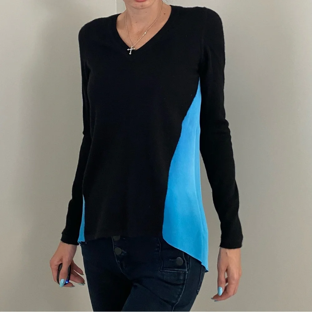 Elie Tahari 100% Cashmere 100% Silk Knit Color Block V-Neck Pullover Sweater, S - Picture 3 of 11